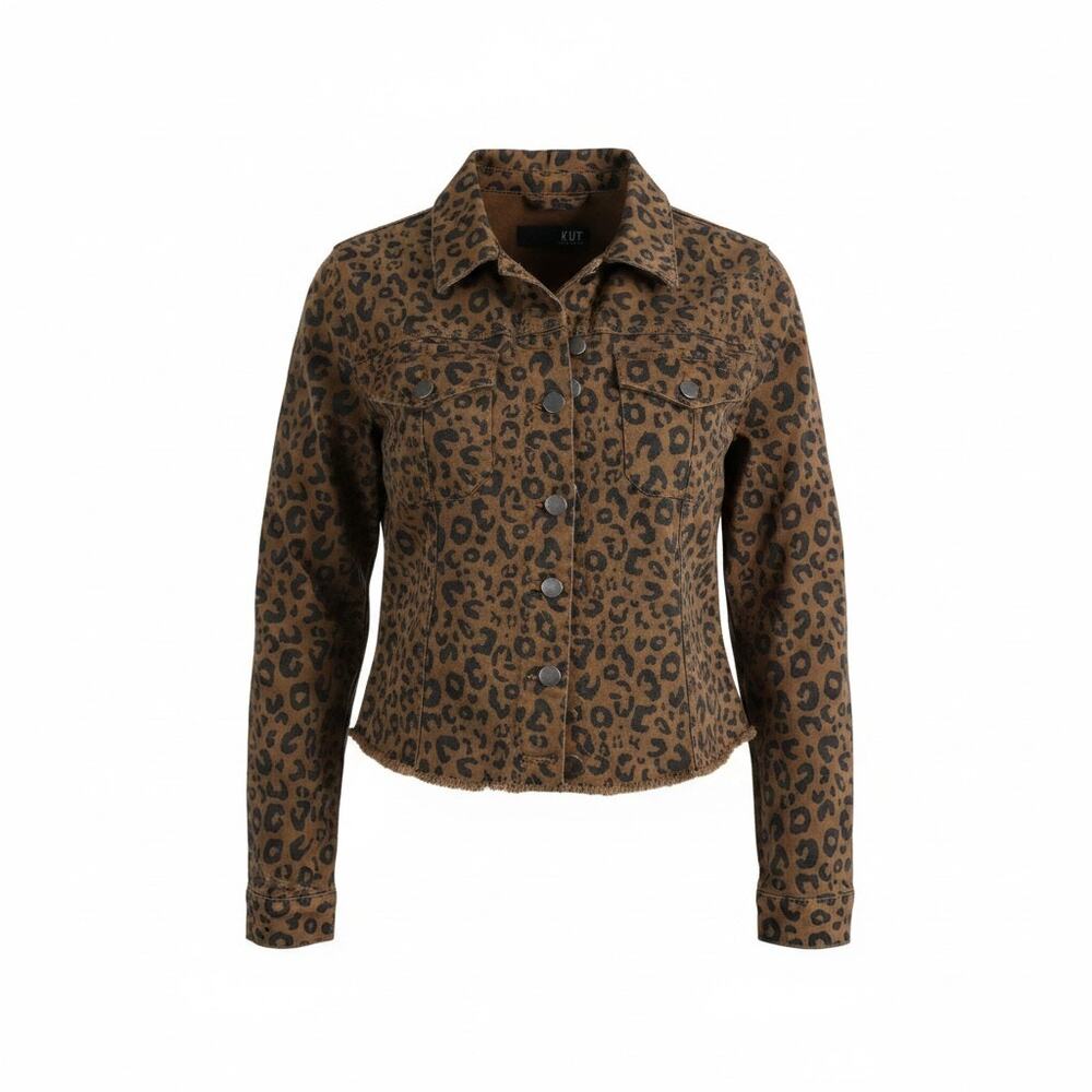 KUT Kara Jacket Leopard Print Raw Hem Trucker L
